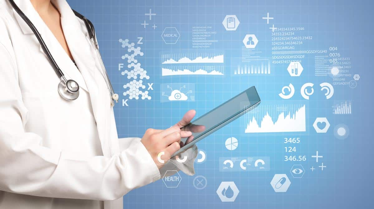 EMR on iPad with big data concept in the background. CDI at the patient level improves accuracy at the "big picture" level, too.